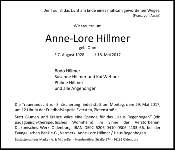 Traueranzeige von Anne-Lore Hillmer von Nordwest-Zeitung