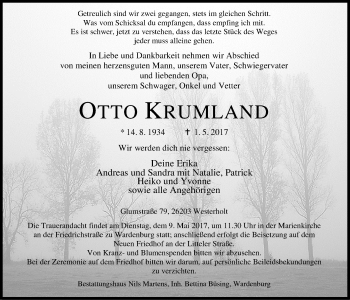Traueranzeige von Otto Krumland von Nordwest-Zeitung