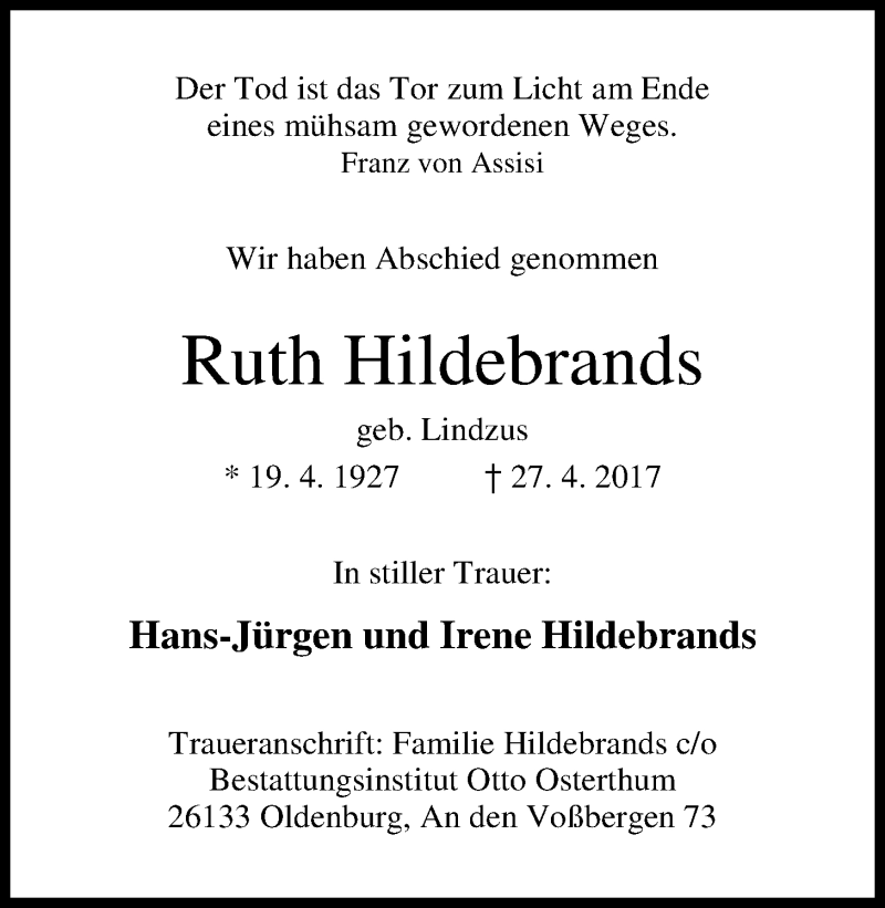  Traueranzeige für Ruth Hildebrands vom 16.05.2017 aus Nordwest-Zeitung