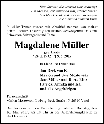 Traueranzeige von Magdalene Müller von Nordwest-Zeitung