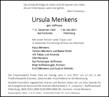 Traueranzeige von Ursula Menkens von Nordwest-Zeitung