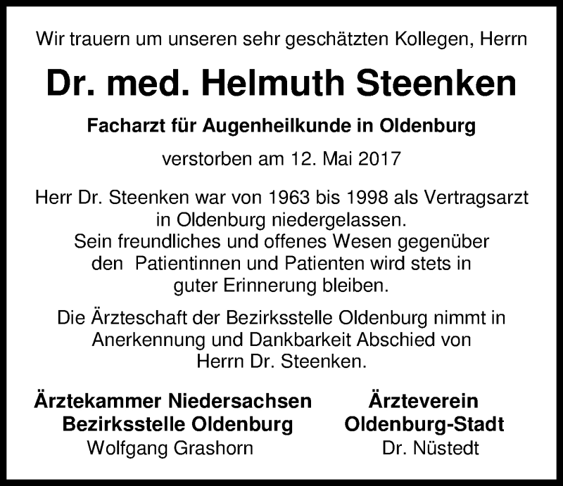  Traueranzeige für Helmuth Steenken vom 18.05.2017 aus Nordwest-Zeitung