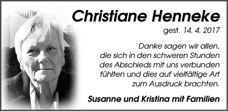  Traueranzeige für Christiane (Christel) Henneke vom 27.05.2017 aus Nordwest-Zeitung