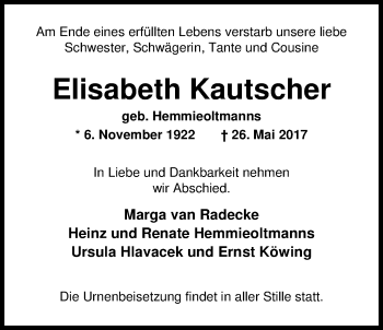 Traueranzeige von Elisabeth Kautscher von Nordwest-Zeitung