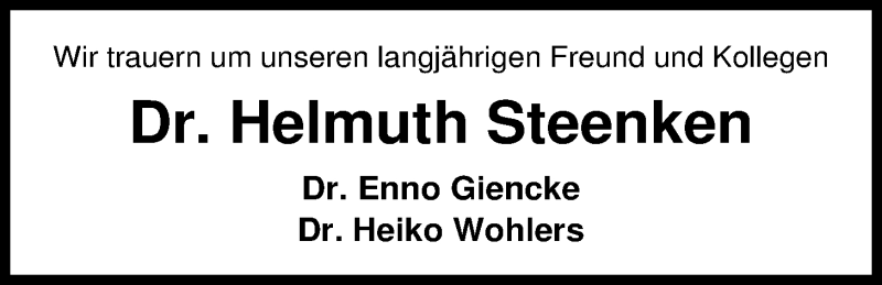  Traueranzeige für Helmuth Steenken vom 18.05.2017 aus Nordwest-Zeitung