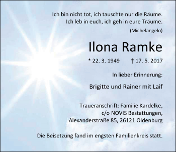 Traueranzeige von Ilona Ramke von Nordwest-Zeitung