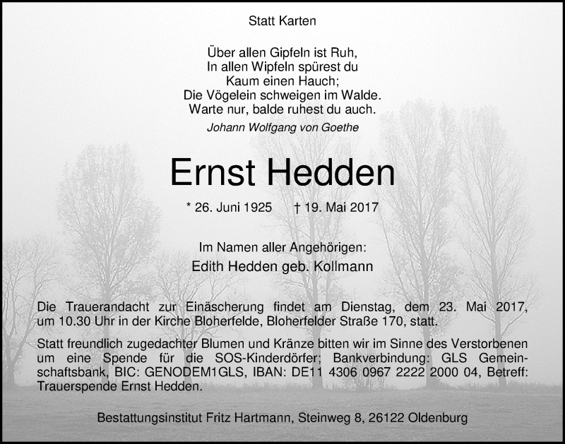  Traueranzeige für Ernst Hedden vom 22.05.2017 aus Nordwest-Zeitung