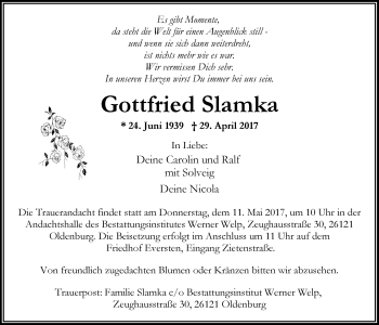 Traueranzeige von Gottfried Slamka von Nordwest-Zeitung