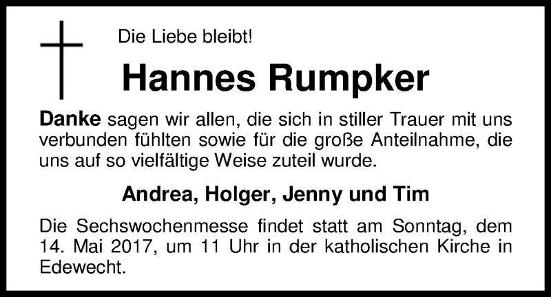  Traueranzeige für Hannes Rumpker vom 11.05.2017 aus Nordwest-Zeitung
