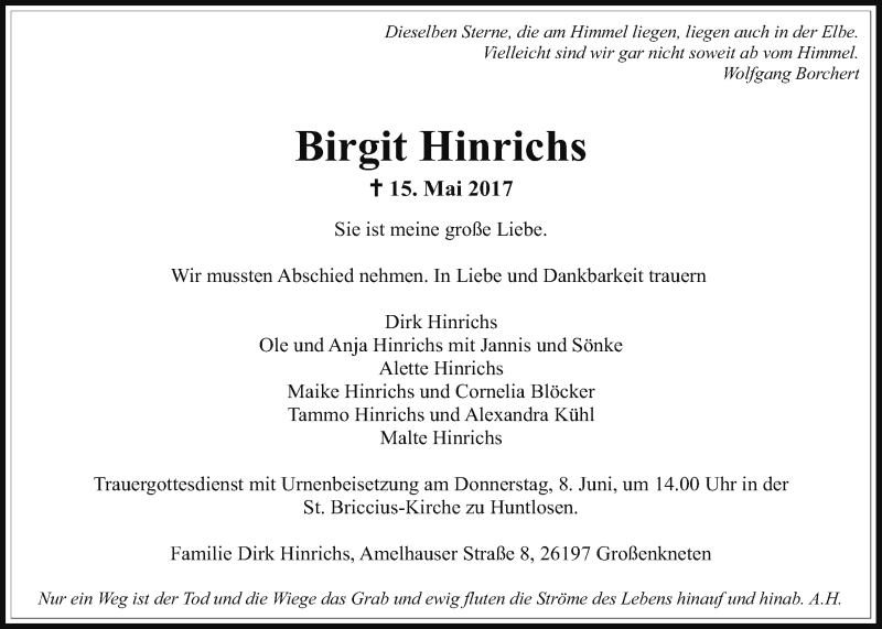  Traueranzeige für Birgit Hinrichs vom 27.05.2017 aus Nordwest-Zeitung