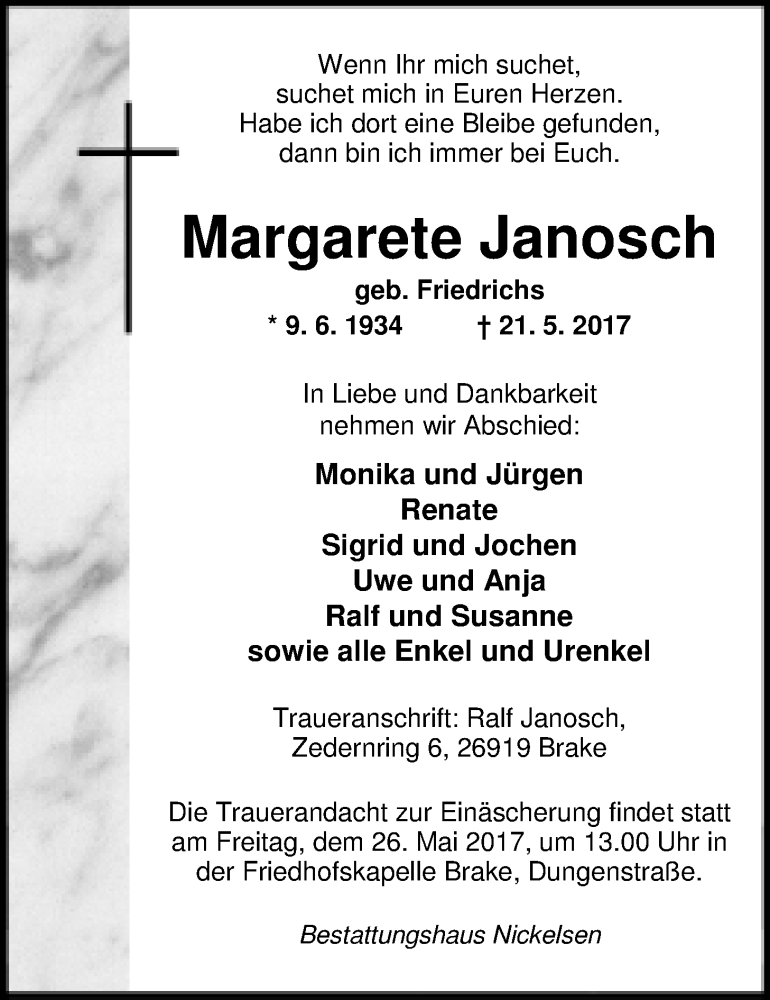  Traueranzeige für Margarete Janosch vom 23.05.2017 aus Nordwest-Zeitung