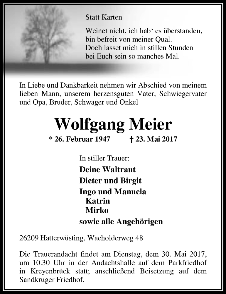  Traueranzeige für Wolfgang Meier vom 26.05.2017 aus Nordwest-Zeitung