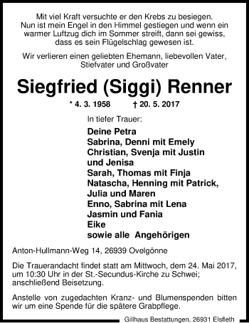 Traueranzeige von Siegfried (Siggi) Renner von Nordwest-Zeitung