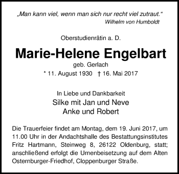 Traueranzeige von Marie-Helene Engelbart von Nordwest-Zeitung
