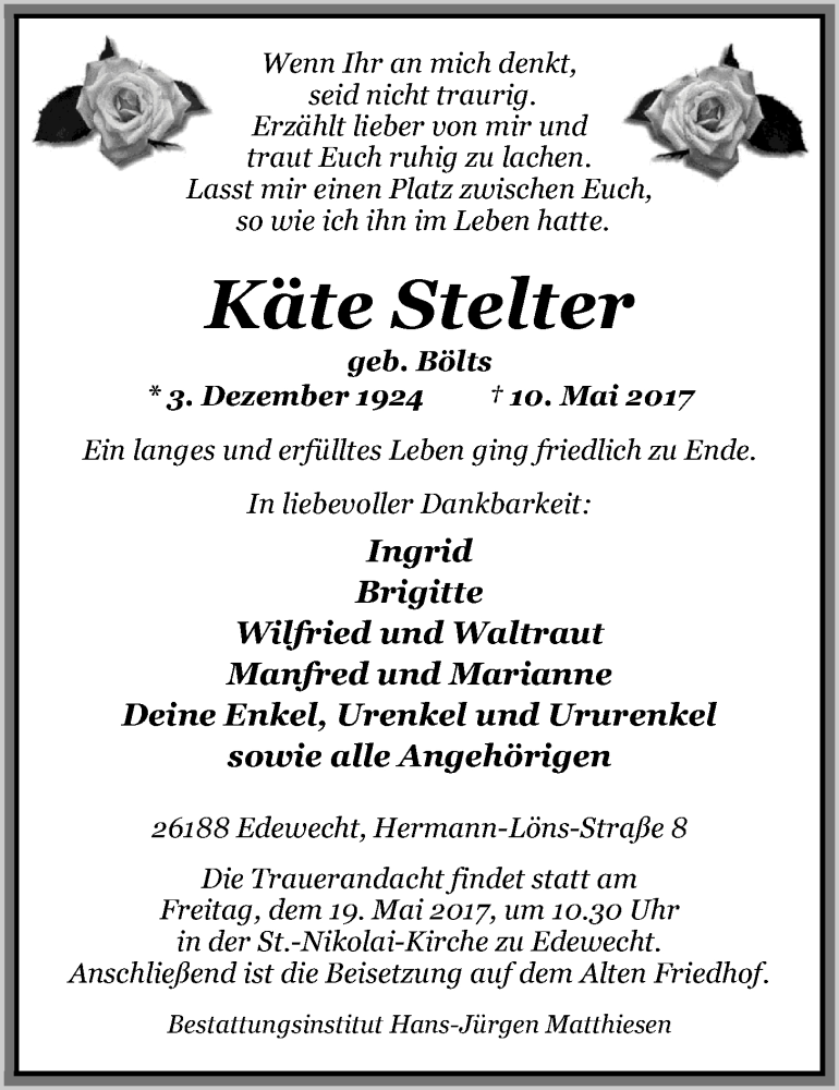  Traueranzeige für Käte Stelter vom 13.05.2017 aus Nordwest-Zeitung