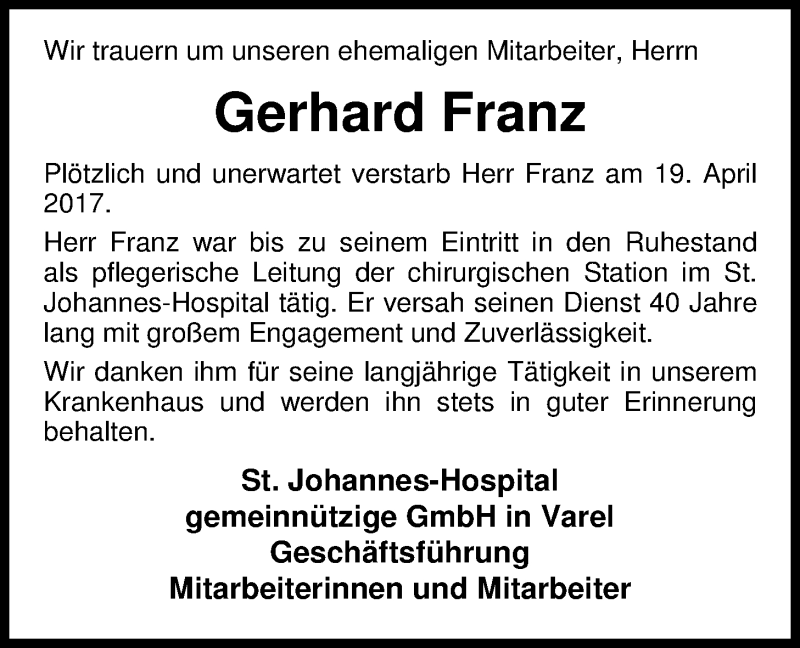  Traueranzeige für Gerhard Franz vom 26.04.2017 aus Nordwest-Zeitung