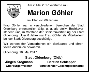 Traueranzeige von Marion Göhler von Nordwest-Zeitung