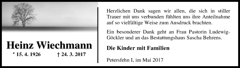  Traueranzeige für Heinz Wiechmann vom 06.05.2017 aus Nordwest-Zeitung