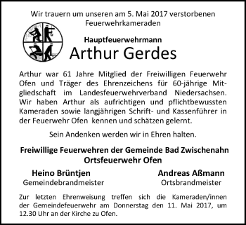 Traueranzeige von Arthur Gerdes von Nordwest-Zeitung