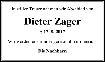 Traueranzeige von Dieter Zager von Nordwest-Zeitung