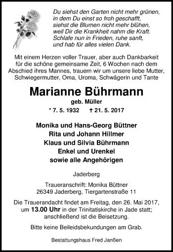 Traueranzeige von Marianne Bührmann von Nordwest-Zeitung
