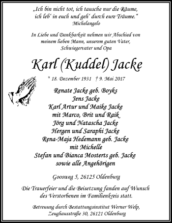 Traueranzeige von Karl Jacke von Nordwest-Zeitung