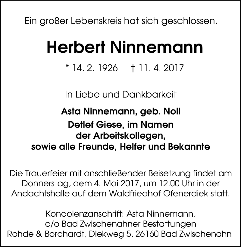  Traueranzeige für Herbert Ninnemann vom 26.04.2017 aus Nordwest-Zeitung