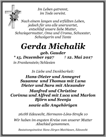 Traueranzeige von Gerda Michalik von Nordwest-Zeitung