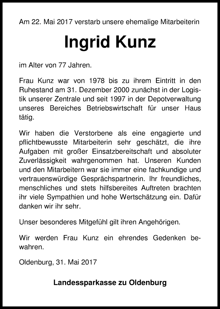  Traueranzeige für Ingrid Kunz vom 31.05.2017 aus Nordwest-Zeitung