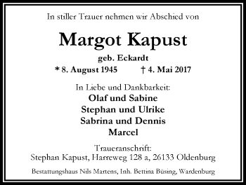 Traueranzeige von Margot Kapust von Nordwest-Zeitung