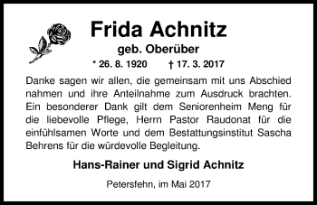 Traueranzeige von Frida Achnitz von Nordwest-Zeitung