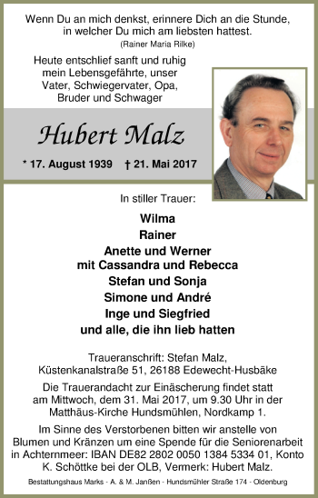 Traueranzeige von Hubert Malz von Nordwest-Zeitung
