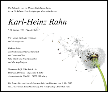 Traueranzeige von Karl-Heinz Rahn von Nordwest-Zeitung