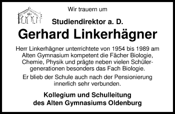 Traueranzeige von Gerhard Linkerhägner von Nordwest-Zeitung