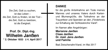 Traueranzeige von Wilhelm Janßen von Nordwest-Zeitung