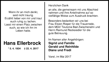 Traueranzeige von Hans Ellerbrock von Nordwest-Zeitung