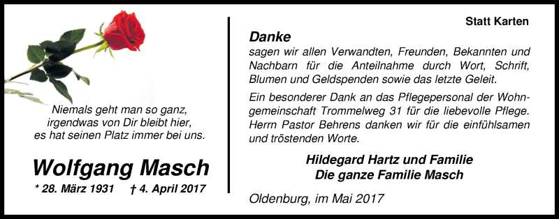  Traueranzeige für Wolfgang Masch vom 20.05.2017 aus Nordwest-Zeitung