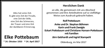 Traueranzeige von Elke Pottebaum von Nordwest-Zeitung