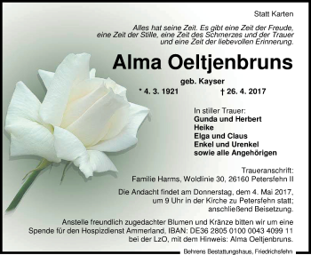 Traueranzeige von Alma Oeltjenbruns von Nordwest-Zeitung