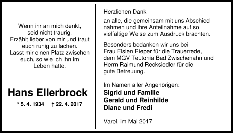  Traueranzeige für Hans Ellerbrock vom 27.05.2017 aus Nordwest-Zeitung