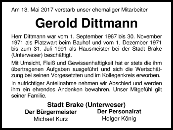 Traueranzeige von Gerold Dittmann von Nordwest-Zeitung