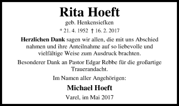 Traueranzeige von Rita Hoeft von Nordwest-Zeitung