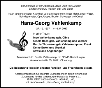 Traueranzeige von Hans-Georg Vahlenkamp von Nordwest-Zeitung