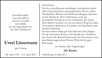 Traueranzeige von Ursel Lünemann von Nordwest-Zeitung