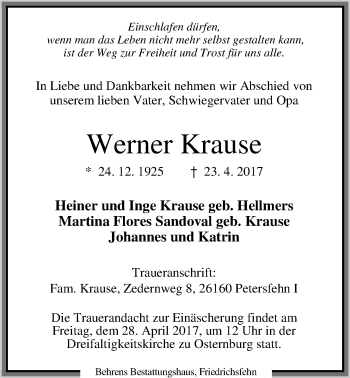 Traueranzeige von Werner Krause von Nordwest-Zeitung