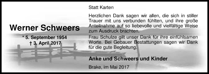  Traueranzeige für Werner Schweers vom 20.05.2017 aus Nordwest-Zeitung