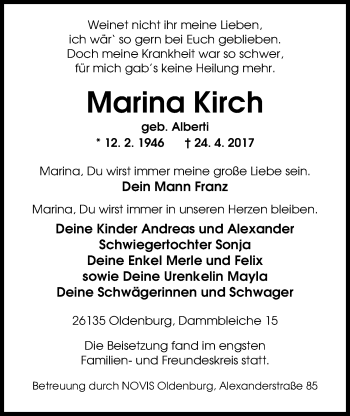 Traueranzeige von Marina Kirch von Nordwest-Zeitung