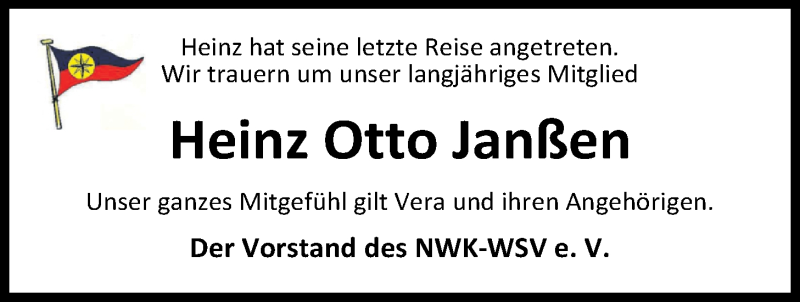  Traueranzeige für Heinz Otto Janßen vom 09.05.2017 aus Nordwest-Zeitung