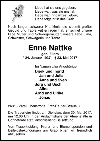 Traueranzeige von Enne Nattke von Nordwest-Zeitung