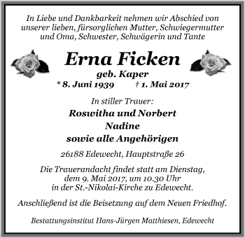Traueranzeige von Erna Ficken von Nordwest-Zeitung